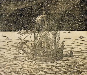 Zeelieden die de noordelijke route volgen, gravure uit Universele Kosmologie, door Andre Thevet, Parijs door Andre Thevet