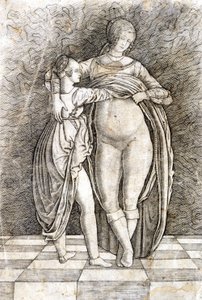 Een jong meisje kleedt een vrouw uit. Gravure door Andrea Zoan. 15e eeuw door Andrea (attr. to) Zoan
