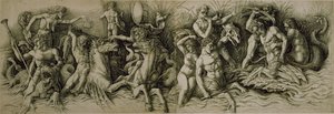 Slag van de Zeegoden (pen & bruine inkt op papier) door Andrea (workshop of) Mantegna
