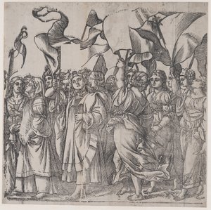 Sectie C: vrouwelijke martelaren en heiligen met banieren, uit De Triomf van Christus, 1836 door Andrea Andreani