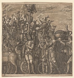 De triomf van Julius Caesar: Soldaten marcheren met oorlogstrofeeën