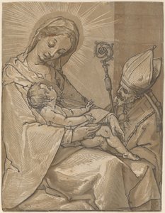 Madonna en kind met een bisschop door Andrea Andreani after Alessandro Casolani