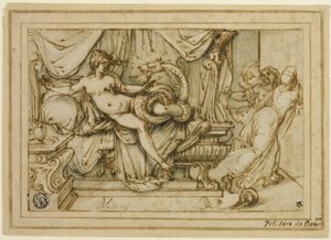Olympias, moeder van Alexander, bezocht door Zeus in de gedaante van een slang door Andrea Boscoli
