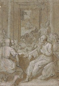 Het Laatste Avondmaal, met een uitzicht op Christus in de Hof van Olijven door de deur aan de achterkant door Andrea Boscoli