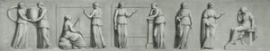 Een grisaille paneel met vrouwelijke figuren, waaronder muzen door Andrea Casali