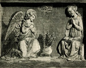 Aankondiging, door Andrea Della Robbia, oratorium van de Madonna del Buon Consiglio, Prato, Toscane, Italië, houtsnede uit Le cento citta d