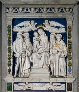 De Maagd van de Toevlucht De Maagd Maria en het Kind Jezus omringd door Sint Onuphre de Anachoreet, Sint Antonius de Grote, Sint Maria Magdalena en Sint Franciscus door Andrea Della Robbia