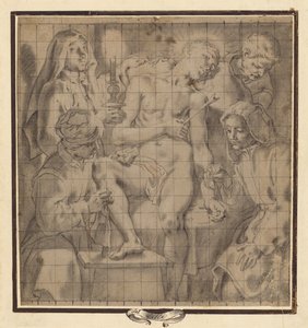 Figuren die de gewonde Sint-Sebastiaan verzorgen door Andrea Lilio