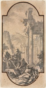 Figuren bij de ruïnes van een Korinthische tempel recto, Fragment van een boog tracing van recto verso door Andrea Locatelli