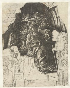Maria met kind omgeven door engelen in grot met Jozef en koning in aanbidding door Andrea Mantegna (school of)