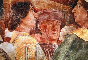 De aankomst van kardinaal Francesco Gonzaga, detail van Mantegna en hovelingen aan de rechterkant, ca. 1465-74 (detail) door Andrea Mantegna