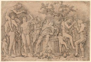 Bacchanaal met een wijnvat door Andrea Mantegna