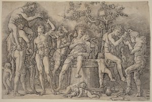 Bacchanaal met een wijnvat door Andrea Mantegna