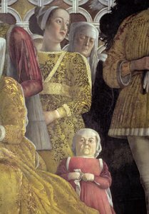 Dwerg en andere hovelingen van het groepsportret van de familie en het hof van Marchese Ludovico Gonzaga III van Mantua (detail) door Andrea Mantegna