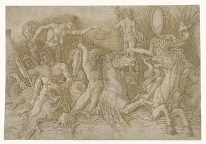 Gevecht tussen satyrs rijdend op hippocampussen en oude vrouw als personificatie van afgunst staand op rug van draak door Andrea Mantegna