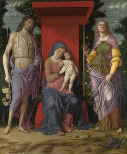 Madonna met kind, Johannes de Doper en Maria Magdalena. Waarschijnlijk 1490-1505 door Andrea Mantegna