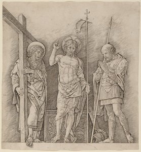 Verrezen Christus tussen Sint Andreas en Longinus door Andrea Mantegna