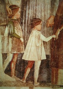 De aankomst van kardinaal Francesco Gonzaga, begroet door zijn vader Marchese Ludovico Gonzaga III en zijn broers, detail van de Gonzague kinderen, ca. 1465-74 (detail) door Andrea Mantegna