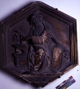 Harmonie, zeshoekige decoratieve reliëftegel uit een serie die de zeven vrije kunsten uitbeeldt, mogelijk gebaseerd op ontwerpen van Giotto (c.1266-1337) c.1334-48 door Andrea Pisano