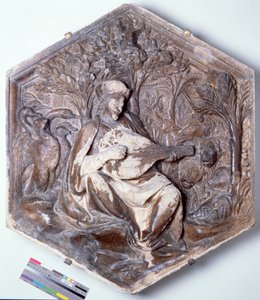 Poëzie, zeshoekige decoratieve reliëftegel uit een serie die de Zeven Vrije Kunsten uitbeeldt, mogelijk gebaseerd op ontwerpen van Giotto, ca. 1334-48