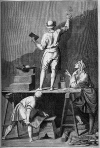 Voorbereiding van het gips voor een fresco schilderij (affresco). Tekening door Chevignard naar Andrea Pozzo.