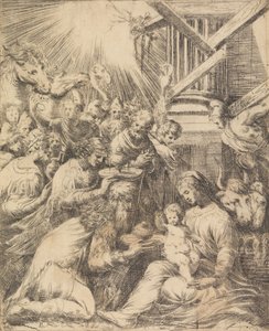 Aanbidding der Wijzen, ca. 1553-60 door Andrea Schiavone