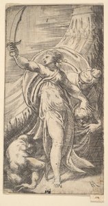 Judith met haar zwaard geheven in haar rechterhand, het hoofd van Holofernes plaatsend in de zak