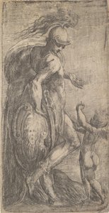 Mars staand links leunend op een schild, Cupido rechts, ca. 1542-46