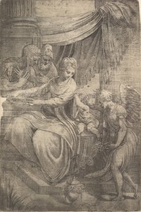 De Heilige Familie, een engel die bloemen vasthoudt nadert van rechts door Andrea Schiavone