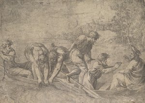 Het Wonderbaarlijke Vangst van de Vissen, Christus rechts vergezeld door apostelen