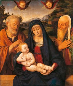 Madonna en Kind met Heiligen Jozef en Simeon door Andrea Solario (1470-1524), tempera en olie op paneel, overgebracht op doek