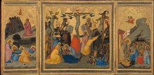 Scènes uit de passie van Christus: De doodsangst in de tuin, de kruisiging en de afdaling in de limbo (gehele drieluik) door Andrea Vanni