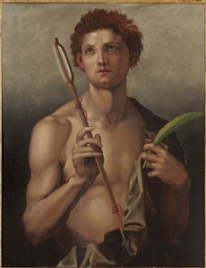 Sint Sebastiaan met een pijl in zijn rechterhand en de martelaarspalm in zijn linkerhand door Andrea del Sarto