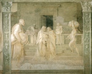 Bezoek van de Maagd aan Elizabeth, detail van Verhalen van de Maagd door Andrea del Sarto, fresco in monochroom, Klooster van Scalzo, Florence door Andrea del Sarto