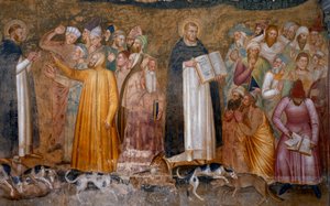 Triomf van de militante kerk: Thomas van Aquino voor de ketters en rechtsonder Fra Dolcino verscheurt de officiële leer van de kerk. Kapel van de Spanjaarden (detail van de fresco, 1365)
