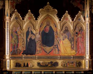 Maesta die Jezus op de troon voorstelt met St. Michael, Maria en St. Thomas van Aquino, St. Johannes de Doper, St. Petrus, St. Laurentius en St. Paulus