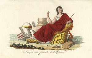 Allegorische figuur van Europa zittend op een troon in een paarse mantel met boeken, globe, palet, scepter, lier en uil