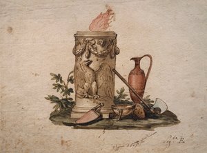 Kolomvormige vuurkorf, versierd met festoenen en adelaar, met snijwapens, beker en amphora, schilderij door Andrea Appiani, Italië
