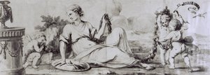 Vrouwelijke figuur met putti, allegorische compositie, ca. 1754, ontwerp door Andrea Appiani (1754-1817) voor ladekast-bureau door Giuseppe Maggiolini, Italië
