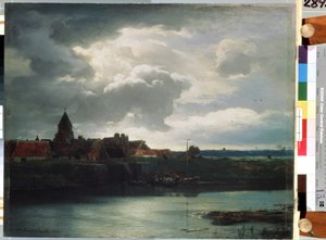 Dorp landschap aan een rivier door Andreas Achenbach