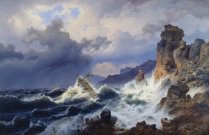Storm op zee voor de Noorse kust door Andreas Achenbach
