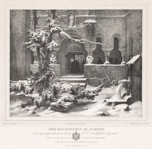 Kerkhof met sneeuw, ca. 1835 door Andreas Borum