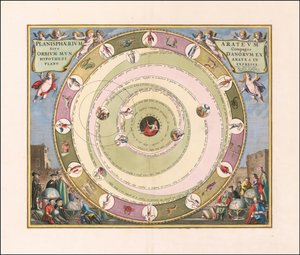 1660 hemelkaart ter illustratie van het model van het heelal van de Griekse astronoom Aratus door Andreas Cellarius
