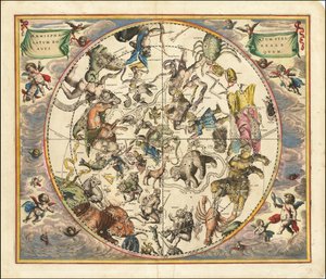 Hemelkaart uit 1660 met de sterrenbeelden van het noordelijk halfrond over het zuidelijk halfrond van de aarde. door Andreas Cellarius