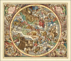 1660 kaart van sterrenbeelden volgens de christelijke symboliek door Andreas Cellarius