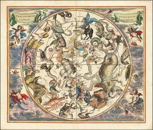 1660 kaart van de sterrenbeelden van het zuidelijk halfrond door Andreas Cellarius