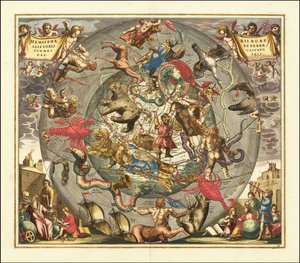 1708 hemelkaart - Haemisphaerii Borealis Coeli et Terrae Sphaeri Cascenographia door Andreas Cellarius
