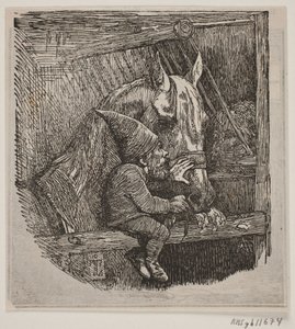 De boer in Tirup voedert de witte merrie
