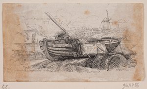 Vignet. Vissersboot op het land getrokken door Andreas Flinch