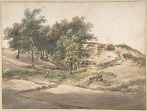 Een bosrijk landschap bij Beekhuizen door Andreas Schelfhout